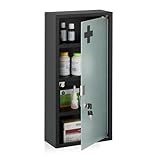 Relaxdays Medizinschrank, 4 Fächer, HxBxT: 57 x 27 x 12 cm, abschließbarer Medikamentenschrank, Stahl, Glastür, schwarz