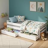 Bellabino Kuru Kinderbett 90x200 cm – Jugendbett mit 2 Schubladen - Kinder Bett mit Rausfallschutz & Lattenrost – Einzelbett für Jungen und Mädchen für Kinderzimmer – Kids Bed mit Stauraum in Weiß