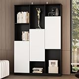 PREMTURE Kleiderschrank, Vitrinenschrank, Bücherschrank mit 3 Türen 6 Fächern, Hochschrank, Schrank für Wohnzimmer Küche Esszimmer Büro, Weiß+Schwarz, 120 x 30 x 180 cm, MDF