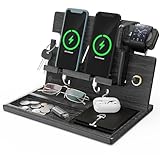 BARVA Holz-Dockingstation Nachttisch Organizer 2 Telefon Brieftasche Uhr Ständer Schlüsselhalter Tablet Tech Gadgets Nachttisch Ladestation Schreibtisch Zubehör Geburtstagsgeschenk für Männer Zuhause