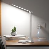 Ylatoial Schreibtischlampe LED Dimmbar, LED Tischlampe mit 5 Farben und 10 Helligkeitsstufen, USB Ladeanschluss, Nachtlicht, Timer, Touch Steuerung, Schreibtischlampe Kinder für Lektüre Büro, Weiß