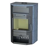 Thermia Kaminofen Bern Maxi V3 gussgrau Speckstein Naturstein prismatische Sichtscheibe Holzfach Teefach Speicherofen 8kw großer Feuerraum BImSchV 2. Stufe