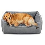 Feandrea Hundebett, Hundekissen in Leinenoptik, Hundekorb, erhöhte Ränder, rutschfeste Unterseite, Bezug abnehmbar waschbar, XL, für große Hunde, 100 x 75 x 25 cm, hellgrau PGW014GD01