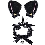 TERJBG Katzenkostüm Damen, Katze Ohr Stirnband und Halskette Set - Niedliches Katzenohren Haarband und Glöckchen Kette für Cosplay Kostümfest - Schwarz