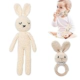 2PC Baby Rassel Holz & Häkelpuppe Plüsch Tiere Spielzeug für Neugeborene Baby 3-6 Monate | Handmade Kleinkind beruhigen Spielzeug für sensorische und frühe Griffe Entwicklung Thanksgiving Geschenke