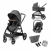 Maxi-Cosi Zelia S Trio Kinderwagen 3 in 1 Komplettset, Baby 0-4 Jahre, bis 22 kg, Zusammenklappbar, Kompakt, Verstellbarer , mit CabrioFix S i-Size Babyschale,Zubehör, Wickeltasche,DarkGrey