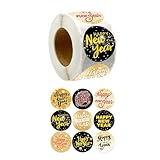 UNTERING 500 Stück Aufkleber 'Happy New Year', selbstklebende Etiketten, Weihnachtsverpackung für Weihnachtskarten, Süßigkeitentüten, Neujahr