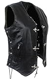 EURO STARS Damen Lederweste mit Seiten Schnür und Metall Hackenverschlüsse, Bikerweste, Motorrad Lederweste Metallverschlüsse, Clubweste, Chopperweste, Rocker Weste, Kutte, Leather Vest (S, Schwarz)