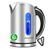 Aigostar Wasserkocher Edelstahl 1,7 Liter - Elektrischer Wasserkocher kabellos mit LED Beleuchtung Wasserstandsanzeige, 2200 Watt Schnelles Kochen, kalkfilter, BPA-frei, Auto-off & Trockenlaufschutz