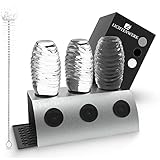 LICHTENWERK® Hochwertiger Edelstahl Flaschenhalter kompatibel mit SodaStream Flaschen [GESCHÜTZTES Design] - 3er Abtropfhalter + Zubehör - Abtropfgestell kompatibel mit SodaStream - Flaschenhalter
