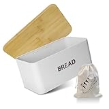 OTNBGSR Brotkasten Metall,Brotbox mit Holzdeckel Verwendbar als Schneidebrett,Brot Lange Aufbewahren und Frisch Halten,Ausgestattet mit Baumwollbrottaschen.33x19x15CM (Weiß)