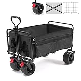 BedStory Bollerwagen Faltbar mit Bremsen | Transportwagen klappbar bis 80 kg Tragkraft | Camping Strand Offroad Bollerwagen Alle Gelände Breite Räder Teleskopstange, Schwarz