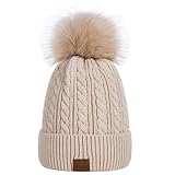 Alepo Damen Winter Mütze Mit Bommel - Warme Beanie Mit Fleece Gefütterte Weiche Skimanschettenmütze (Haferflocken)