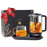 YOKEKON Tee Wasserkocher Set Klein mit Tasse, Glas Teekocher,Teemaschine,Tassenwärmer, Herausnehmbarer Edelstahl-Teesieb, Auto Warmhaltefunktion, Kaffee/Milch/Früchtetee/Kräutertee, BPA Frei, Schwarz