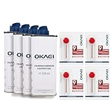 OKAEI Feuerzeugbenzin Set 4×125 ml + 4×9 Feuersteine - Vorratspack für Feuerzeuge - Hochreines Feuerzeugbenzin & universelle Flints – Schnelles Zünden, Geringer Geruch – Made in EU