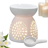 Keramik Ölbrenner Ausgehöhlt Aroma Diffuser Teelicht Duftlampe Aus Keramik Weiß Mit Candle Löffel | Schicker Teelichthalter Aromalampe Duftöl Kerzenhalter Aromabrenner Für Büro,Schlafzimmer,Wohnzimmer