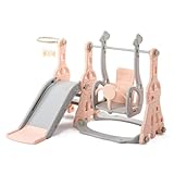 4-in-1 Kinderrutsche, Schaukel Mit Rutsche, Kletterleiter, Basketballring, Multifunktionaler Kinderspielplatz Für Kleinkind Indoor Outdoor, Pink