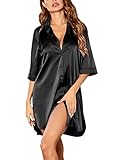 Ekouaer Nachthemd Damen Langarm Satin Nachtkleid 3/4 Ärmeln V-Ausschnitt Sleepshirt Sleepwear Negligee Nachtwäsche Kurz Schwarz XXL