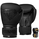 EVO Maya Hide Leder-Boxhandschuhe für MMA-Boxsack, Sparring, Muay Thai, Kickboxen, Kampftraining, inkl. Handbandagen, Schwarz/Diamant, matt, 284 g (Schwarz, 14 OZ)