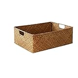 Rechteckiger Aufbewahrungskorb aus Seegras mit Griff, handgefertigter Aufbewahrungskorb, Patchwork-Rattan, Seegras, Bauch, Strohhalm, Garten Blumentopf, Wäschekorb, M-33X23X11CM