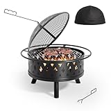 Xbro Feuerschale für den Garten,Ø 83 cm Feuerschale mit Funkenschutz,Wasserfester Schutzhülle,Schürhaken,Feuerschale Outdoor,Feuerschale mit Grillrost,Feuerschale für Garten Terrasse Heizung,Schwarz