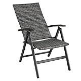 tectake® Alu Polyrattan Gartenstuhl, klappbarer Sessel mit 6-Fach Verstellbarer Rückenlehne, wetterfest, Aluminiumgestell, Campingstuhl mit Holzarmlehnen, Stuhl für Garten, Balkon, Terrasse - grau