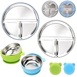 CLDY 2 Stück Edelstahl Babyteller mit Saugnapf + 2 Stück Breischale Baby schüssel, kinder geschirr set, Geteilte Standfeste Esslernteller Geteilte Teller - BPA-Frei - Auslaufsicher, spülmaschinenfest