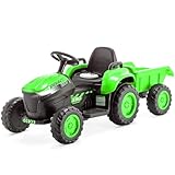 EROMMY Elektrischer Traktor mit abnehmbarem Anhänger,12V 3-Gang Kinder Aufsitztraktor mit Fernbedienung,Kinder Elektroauto mit LED Lichtern, Musik, Hupe & USB,3-7KM/H,für Kinder ab 3 Jahren (Grün)