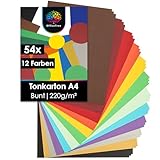 OfficeTree 54 x Tonkarton A4 Bunt - 220g Bastelkarton Bunt - 10 Farben - Bunte Pappe zum Basteln und Gestalten - Plus 2 Gold- und 2 Silberbögen