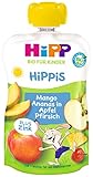 HiPP Bio für Kinder HiPPiS Frucht Plus Mango Ananas in Apfel Pfirsich plus Zink - Hans Hase, 6er Pack (6 x 100 g)