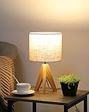 EDISHINE Nachttischlampe Tischlampe Holz, E27 Fassung, Stativ Vintage Landhaus, Beiger Lampenschirm aus Leinen, für modern Deko Schlafzimmer, Wohnzimmer, Nachttisch