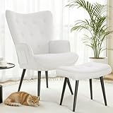 CLEVICH Ohrensessel - Gemütlicher Loungesessel mit Hocker, Lesesesselaus, Teddystoff Armchair für Wohnzimmer & Schlafzimmer - Bis 168kg, Weiß