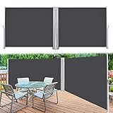 Vigevee Doppel Seitenmarkise, 180x600cm Ausziehbar Sichtschutz Blickdicht Sonnenschutz, Windschutz, UV-beständig Seitenwandmarkise Markise Seitenrollo für Garten, Terrasse, Grau