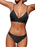 CUPSHE Damen Bikini Set Triangel Bikini Bademode Low Rise Brazilian Gerippter Zweiteiliger Badeanzug Swimsuit Schwarz S