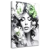 Feeby Wandbilder - Bilder Schlafzimmer - Frau mit grünen Blumen - 80x120 1tlg - Wohnzimmer Bild Groß - Wohnungs - Foto Geschenk - Leinwand Wall Art - Wand Deko