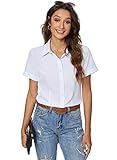 Atnlewhi Damen Kurzarm Knöpfen Hemden Basic Kent Kragen Arbeit Büro Stretch Slim Fit Formelle Casual Blusen - Weiß - M