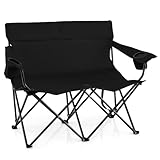 COSTWAY Campingstuhl für 2 Personen, Klappstuhl mit Getränkehaltern, Armlehnen & Tragetasche, 300 kg Tragfähigkeit, klappbarer Campingsofa, Faltstuhl für Camping, Picknick, Angeln (Schwarz)