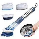 Spülbürste mit Spülmittelspender, Zvonema Küchenbürste mit ergonomischem Langer Griff, 4 Hochwertiger Wechselkopf (Nylon, Silikon, Schwamm), Spülbürste für Spülreinigung Topf Pfanne Spüle -Schaber