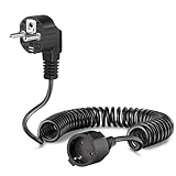 Schutzkontakt Spiralverlängerung, Schuko Verlängerungskabel dehnbar von 0,6m bis 3m Max, IP20 Verlängerungsleitung, 230 V, 16 A, Spiralkabel mit Schuko Stecker & Kupplung, Schwarz