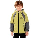 Agoky Kinder Kapuzenjacke Langarm Softshelljacke Fleece Gefüttert Windbreaker Jacke mit Reisverschluss Funktionsjacke Outdoor Jacket Farbblock Regenjacke Grün 98-104