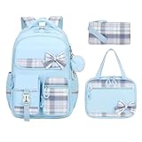 Amythe Schultasche Mädchen Set, Schulrucksack Mädchen 3 Teilig mit Lunchtasche Federmappe, Schulranzen für Mädchen der 3. bis 5. Klasse, Niedlicher Lässiger Kinderrucksack, Blau