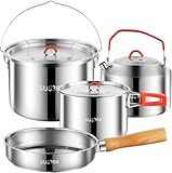 Camping Kochgeschirr Set, Camping Kochset, 304 Edelstahl Camping Töpfe und Pfannen Set, langlebige Camping Ausrüstung mit Wasserkocher für Wandern Outdoor Kochen Picknicks