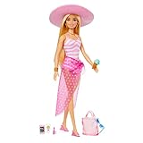 BARBIE - Blonde Puppe mit pink-weißem Badeanzug, Sonnenhut, Tragetasche und Strand-Accessoires, für Kinder ab 3 Jahren, HPL73