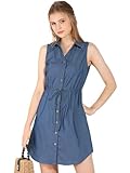 Allegra K Damen Ärmellos Bindegürtel Jeans Shirtkleid Kleid Blau S
