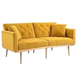 SUPPNEED Samt-Sofa, umwandelbares Futon-Sofa-Bett, Akzent-Sofa Liege, goldene Metallbeine, 2 Couch-Kissen, Mid Century Modern Sofas für Haus Wohnzimmer Schlafzimmer (Gelb)