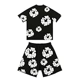 Unisex D-T T-Shirt und Shorts Set 2 Teiliges Sommer Outfit Jogginganzug Trainingsanzug Y2K Hip Hop Kurzarm T-Shirts und Hose Herren Damen 2-Teilig Tracksuit Mit Baumwollkranz Sportanzug mit Blumen