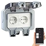 Luminea Home Control Outdoor Steckdose WLAN: Outdoor-WLAN-Aufputz-Doppelsteckdose, Sprachbefehl, Strommessung, App (Steckdosen Smart, Zeitsteckdose außen, Weihnachtsbeleuchtung)