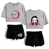 Yumenam Damen Anime Crop Top und Shorts 2 Stück Anzug Kamado Nezuko Gedruckt Sommer Kurzarm T-Shirts + Kurze Hose Pyjama-Set Trainingsanzüge Cosplay Outfits