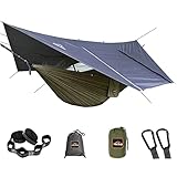 AnorTrek Camping-Hängematte mit Moskitonetz und Regenfliegenplane, tragbare Doppelhängematte mit Zwei Baumgurten, 210T Nylon-Hängematte und wasserdichtem Regenfliegen-Set für Wandern, (grün)