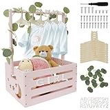 Babykorb mit Griff, Holz Babyparty Schrank Praktischer Holzkiste für Babyparty mit Stange,Schrank für Babypartykisten aus Holz Wäschekorb Kinder Holz Baby Shower Geschenk (Rosa)